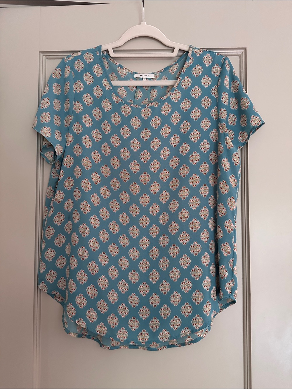 Turquoise Printed Short Sleeve Blouse by Pleione